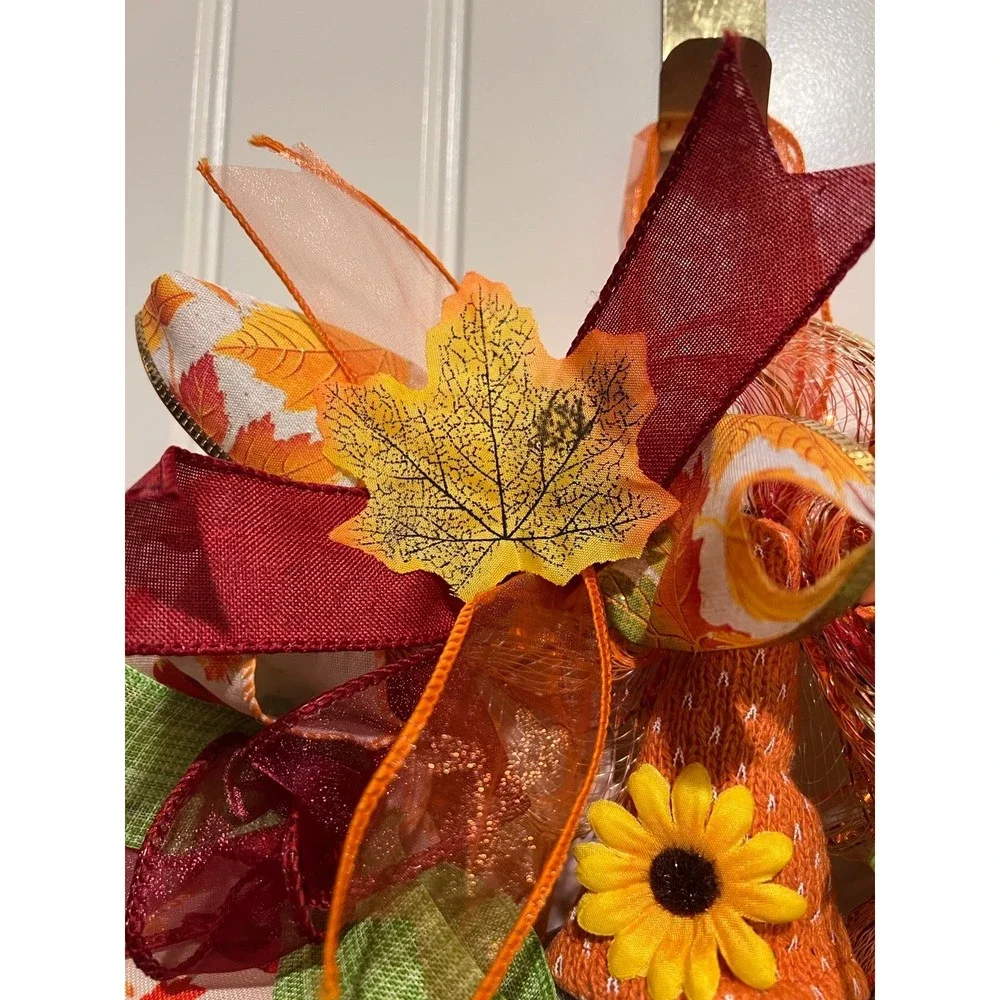 13 inch Ribbon Wreath Fall Autumn Thanksgiving Gnome MW1